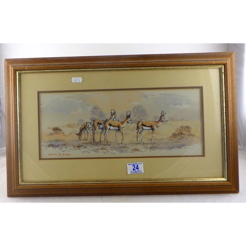 24 - Johnnie de Kock framed watercolour Three  grazing springboks 15 x 38cm