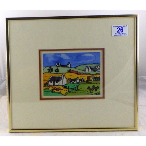 26 - South African school 20th C houses on a hill side signed S.A 31 x 28cm inc frame