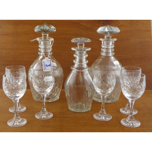 3 - A pair of cut glass decanters 24cm tall together with a further decanter and 6 small stemmed glasses... 