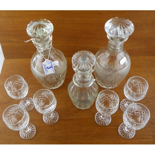 3 - A pair of cut glass decanters 24cm tall together with a further decanter and 6 small stemmed glasses... 