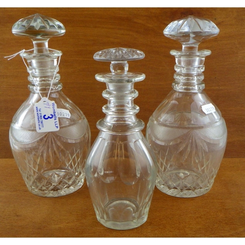 3 - A pair of cut glass decanters 24cm tall together with a further decanter and 6 small stemmed glasses... 