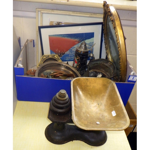 8 - A set of cast kitchen scales and weights together with misc metal ware, mirror, oriental prints etc ... 