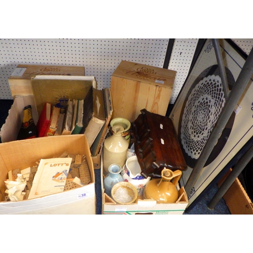 36 - A mixed lot of pottery, framed needlework, childs blocks, books, wine boxes etc. proceeds to RLNI