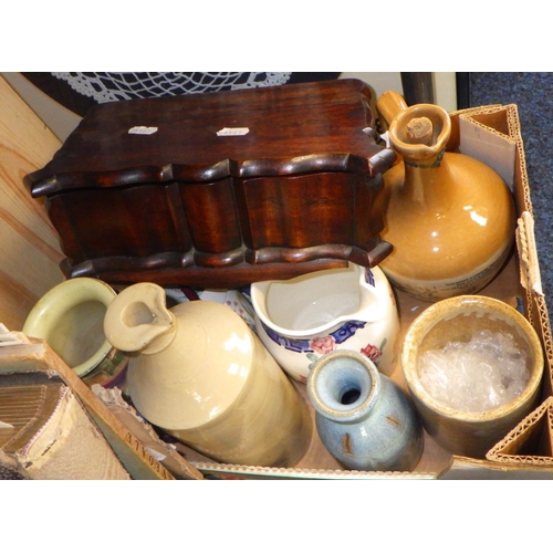 36 - A mixed lot of pottery, framed needlework, childs blocks, books, wine boxes etc. proceeds to RLNI