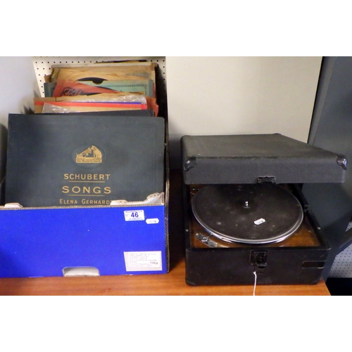 46 - A table top HMV wind up gramophone together with a qty of records (2)