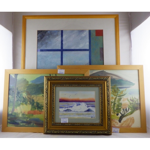 48 - Two Liz Keyworth oils together with Neal Cooper-Smith acrylic modern still life and a small seascape... 