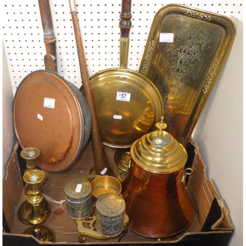 57 - Two 19thC bed warming pans, brass candlesticks, Eastern brass tray, horn etc