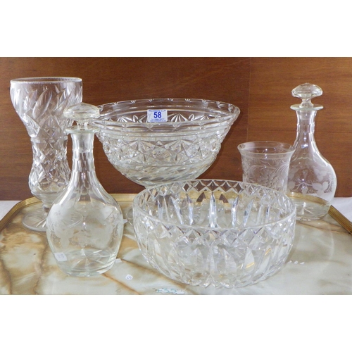 58 - A large cut glass pedestal bowl, pr decanters etc (6)