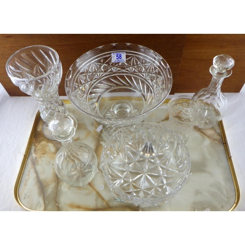 58 - A large cut glass pedestal bowl, pr decanters etc (6)