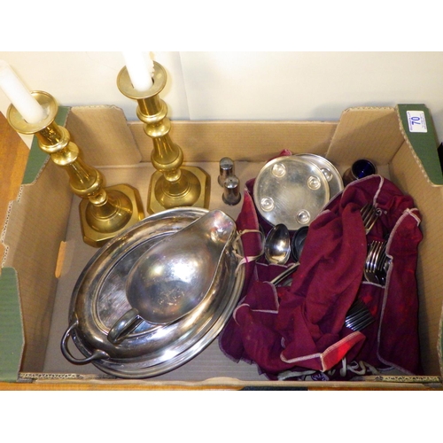 70 - A pair of brass candlesticks together with misc EPNS flat ware, tureen etc