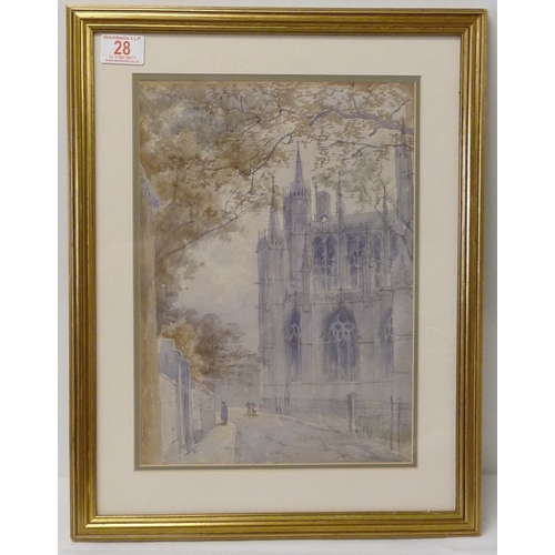 28 - Attributed to Tom Dudley: York Minster from Minster Yard, unsigned watercolour.  25 x 34.5cm present... 