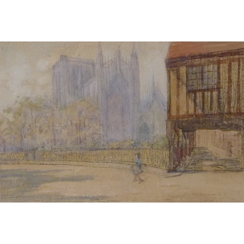 31 - T D Dakin (?): College St and York Minster, mixed media on paper indistinctly signed, early  20th ce... 