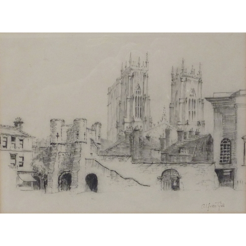 32 - Alfred Gill: York Minster from Exhibition Square, graphite on paper.  33.5 x 25cm presented in mount... 