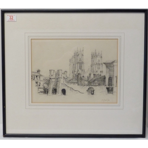 32 - Alfred Gill: York Minster from Exhibition Square, graphite on paper.  33.5 x 25cm presented in mount... 