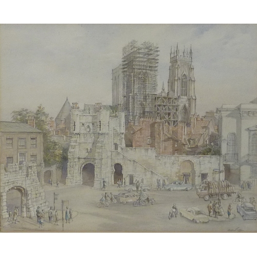33 - Alfred Gill: Bootham Bar and York Minster, watercolour.  42 x 34cm presented in a mount and wooden f... 
