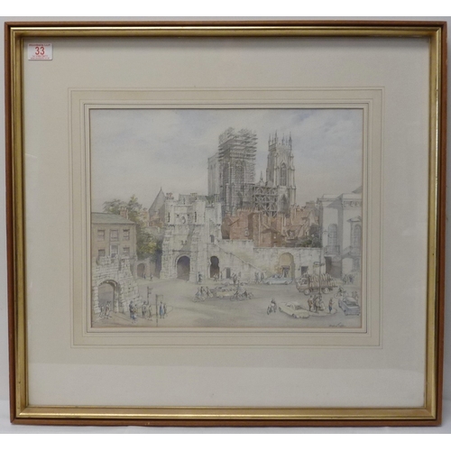33 - Alfred Gill: Bootham Bar and York Minster, watercolour.  42 x 34cm presented in a mount and wooden f... 