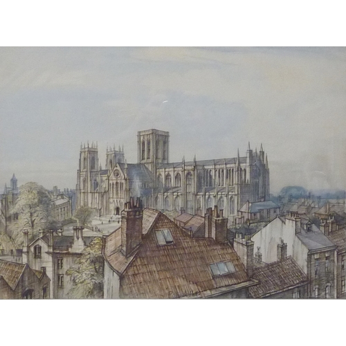 34 - Patrick Hall: York Minster, view from roof tops, watercolour.  55 x 40cm presented in mount and fram... 