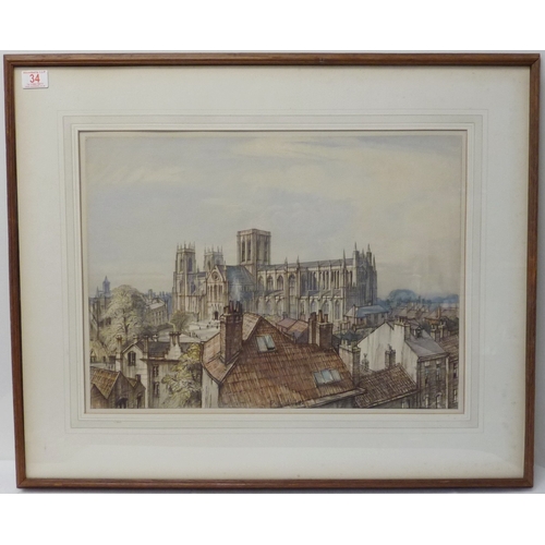 34 - Patrick Hall: York Minster, view from roof tops, watercolour.  55 x 40cm presented in mount and fram... 