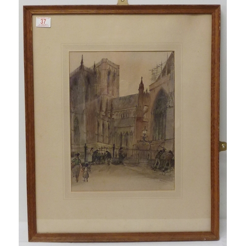 37 - Sir Albert Richardson: Chapter House Yard, watercolour.  28 x 38cm presented in a mount and frame.  ... 