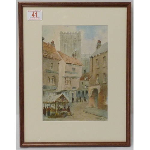 41 - St Sampson's Square and Finkle Street, York, watercolour J Price, 1904, 17 x 25cm, presented in moun... 