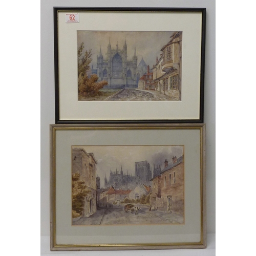 62 - College Street and York Minster, watercolour initialled M A W, 30 x 20cm; and York Minster from Monk... 