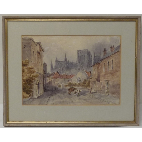 62 - College Street and York Minster, watercolour initialled M A W, 30 x 20cm; and York Minster from Monk... 