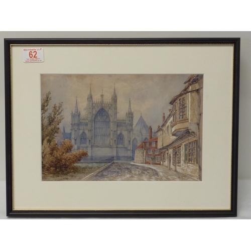 62 - College Street and York Minster, watercolour initialled M A W, 30 x 20cm; and York Minster from Monk... 