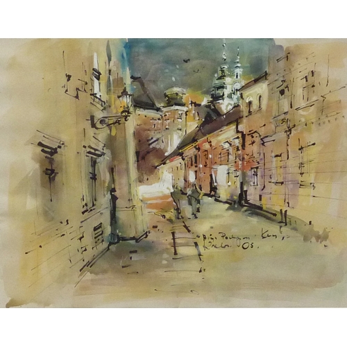 78 - A Continental street scene, late 20th cent painting on paper, indistinctly signed and titled, 42 x 3... 