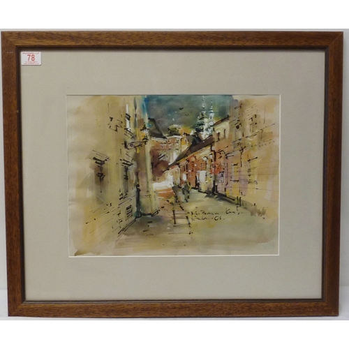 78 - A Continental street scene, late 20th cent painting on paper, indistinctly signed and titled, 42 x 3... 
