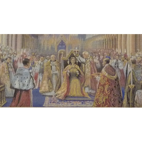 79 - 1953 Coronation silk by Brocklehurst-Whiston, 14.5 x 7.5cm presented in original mount and a gilt fr... 