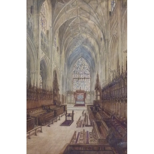 55 - A Gibbs: The choir of York Minster, watercolour.  35 x 52cm presented in a gilt frame with presentat... 