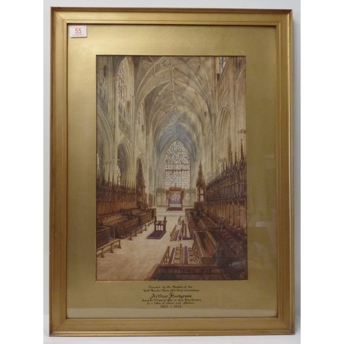 55 - A Gibbs: The choir of York Minster, watercolour.  35 x 52cm presented in a gilt frame with presentat... 