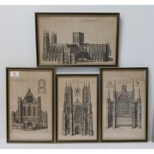 63 - From Dugdales Monsaticon: four prints depicting the Cathedral Church of St Peter of Yorke / York Min... 