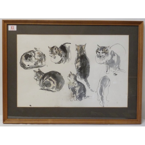 83 - Studies of a cat, watercolour monogrammed AT (?) 1986, 54 x 35cm presented in a mount and frame.  Fr... 