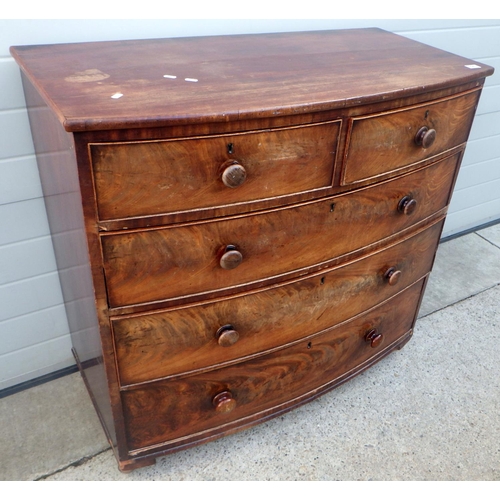 826 - 19thC bow fronted chest of drawers AF missing feet 110cm wide