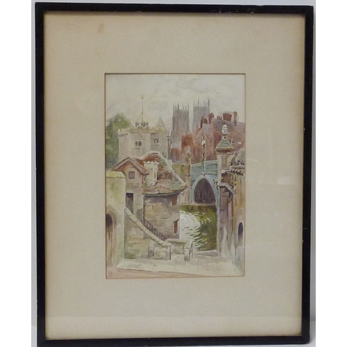 45 - Frank Harris, College Street towards Goodramgate, watercolour, 17 x 14cm presented in a period gilt ... 