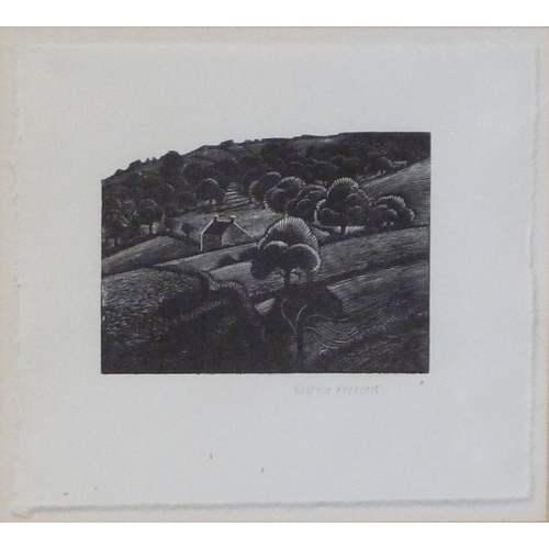 69 - Portrait of a gun dog, signed etching Alice Barnwell, 20 x 27cm in mount and frame; a landscape view... 