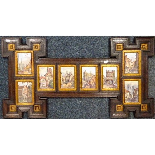 47 - An oak and gilt multi-aperture frame containing eight picture postcards depicting York views after w... 