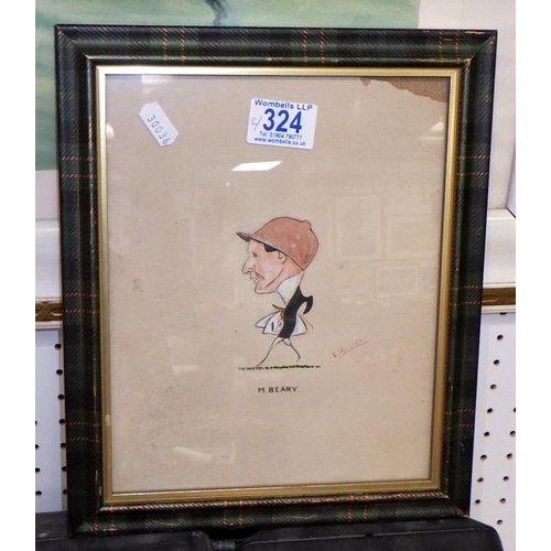 393 - A large framed horse racing print together with a caricature of M Beary signed B Villiers