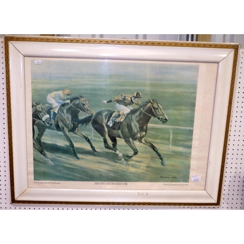 393 - A large framed horse racing print together with a caricature of M Beary signed B Villiers