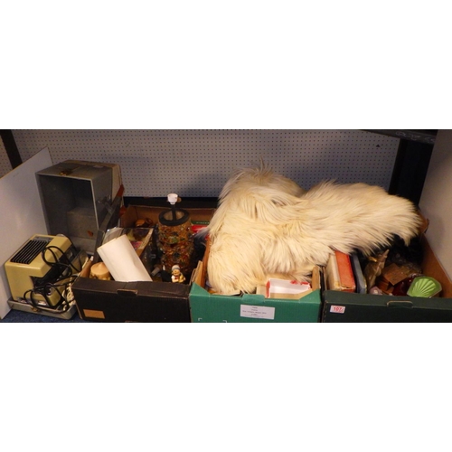 107 - A sheepskin rug, pens, geological specimens, miscellaneous goods, a projector etc. (5)