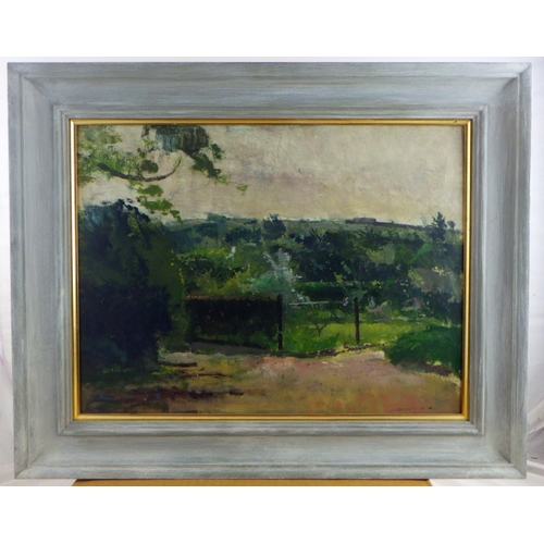 87 - May Garden, oil on board painting by Fred Cuming, bearing Kentmere House Gallery label verso.  40 x ... 