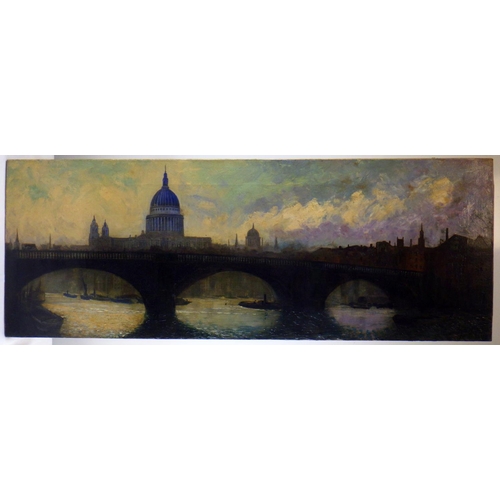 89 - St Paul's Cathedral from the Thames, London view oil on canvas.  96 x 36cm unframed.  With associate... 