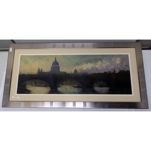 89 - St Paul's Cathedral from the Thames, London view oil on canvas.  96 x 36cm unframed.  With associate... 