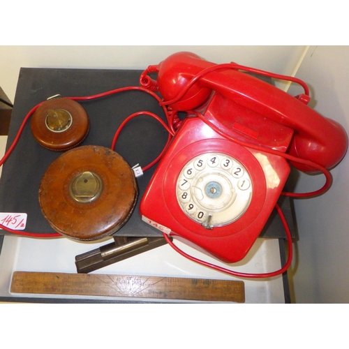 145 - A GPO model 746 rotary dial telephone in red; a set of stationery drawers with contents.  (2)