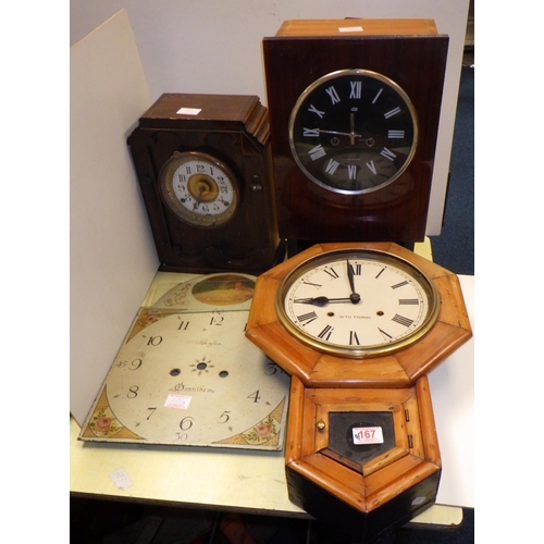 167 - A painted longcase clock face together with Three various clocks (4)