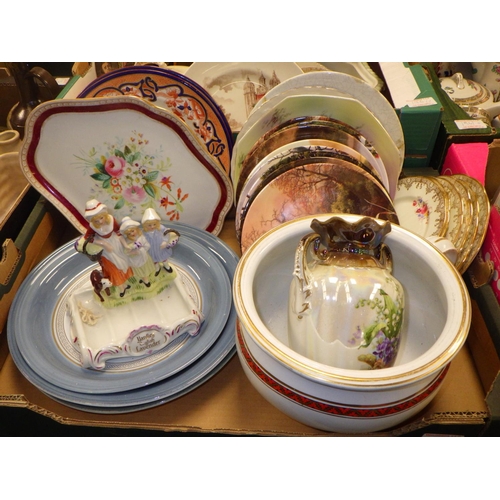 196 - Five boxes of misc ceramics to include wall pockets, plates, jugs etc (5)