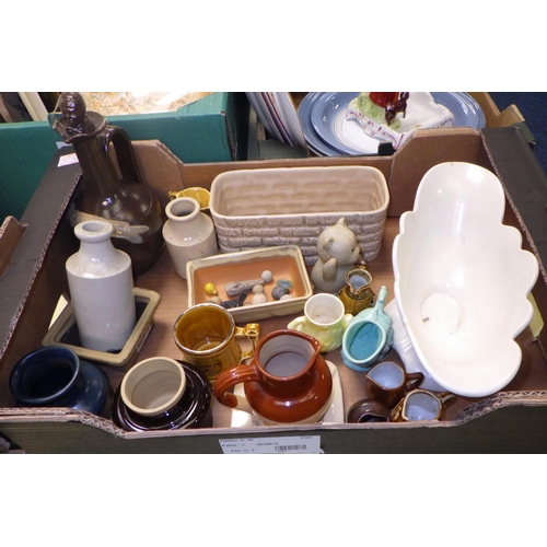 196 - Five boxes of misc ceramics to include wall pockets, plates, jugs etc (5)