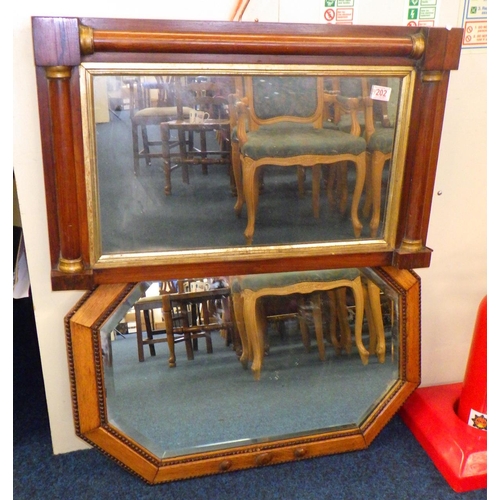 202 - A 19thC rosewood mirror together with a 1930s oak bevelled mirror (2)