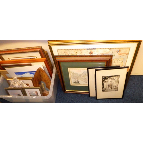 203 - Connie O. Simonsen framed (John Lewis) pictures together with further prints, maps etc (qty)